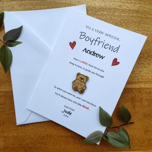 Personalised Card for Boyfriend or Girlfriend pocket Hug Card with Teddy Bear Wife, Husband, Friends, Her, Him