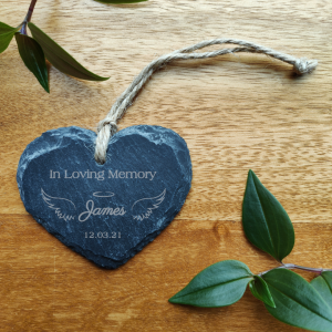 Personalised Memorial grave ornament loss of Mother Father Slate Hanging heart, Laser Engraved for lost loved ones, Friends and Relatives