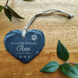 Personalised Pet loss Memorial Gift Slate Hanging heart Laser Engraved for lost loved Furry Friends and other animals Cat memorial dog loss