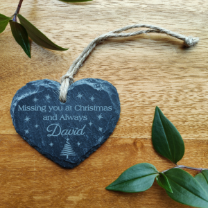 Personalised Christmas Memorial gift for loss of Mother Father Slate Hanging heart, Laser Engraved for lost loved ones Tree Decoration