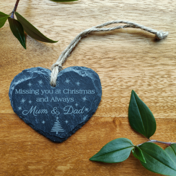 Personalised Christmas Memorial gift for loss of Mother Father Slate Hanging heart, Laser Engraved for lost loved ones Tree Decoration - Image 2