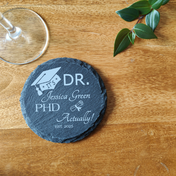 Personalised PHD Student Congratulations on Exam Results Laser Engraved Natural Slate Coaster, ideal gift for Doctor graduates - Image 4