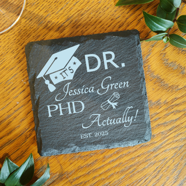 Personalised PHD Student Congratulations on Exam Results Laser Engraved Natural Slate Coaster, ideal gift for Doctor graduates - Image 6