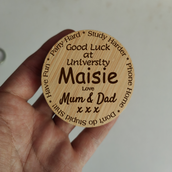 Personalised Good Luck Uni Gift – Engraved Wooden Bottle Opener & Fridge Magnet – Cheeky Keepsake for Student Leaving Home - Image 2