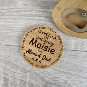 Personalised Good Luck Uni Gift – Engraved Wooden Bottle Opener & Fridge Magnet – Cheeky Keepsake for Student Leaving Home