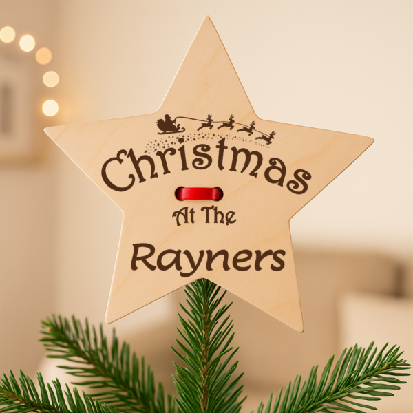Personalised Christmas Tree Star Topper – Engraved Wooden Ornament – Family Name Holiday Decoration – Xmas Keepsake Gift - Image 2