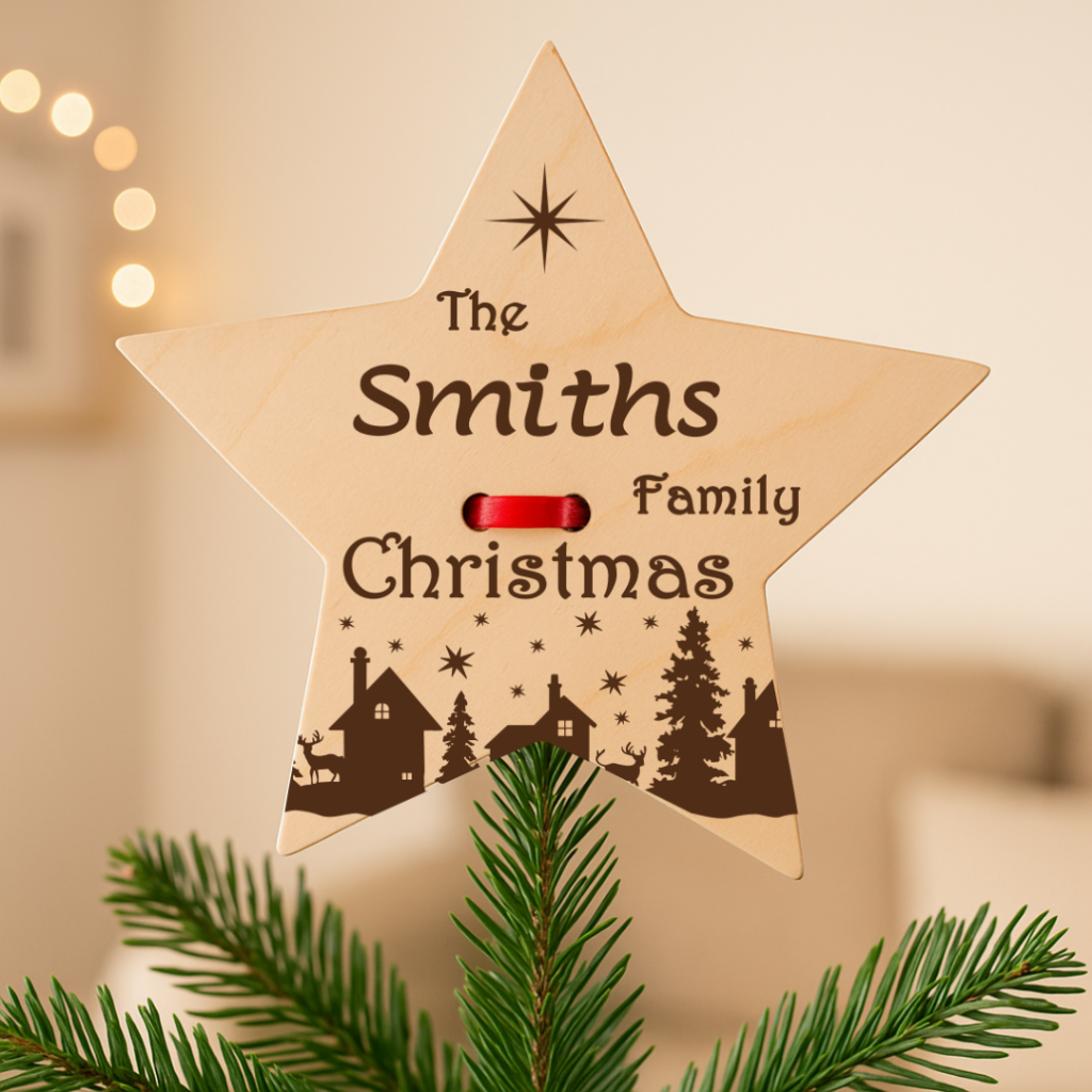 Personalised Christmas Tree Star Topper – Engraved Wooden Ornament – Family Name Holiday Decoration – Xmas Keepsake Gift