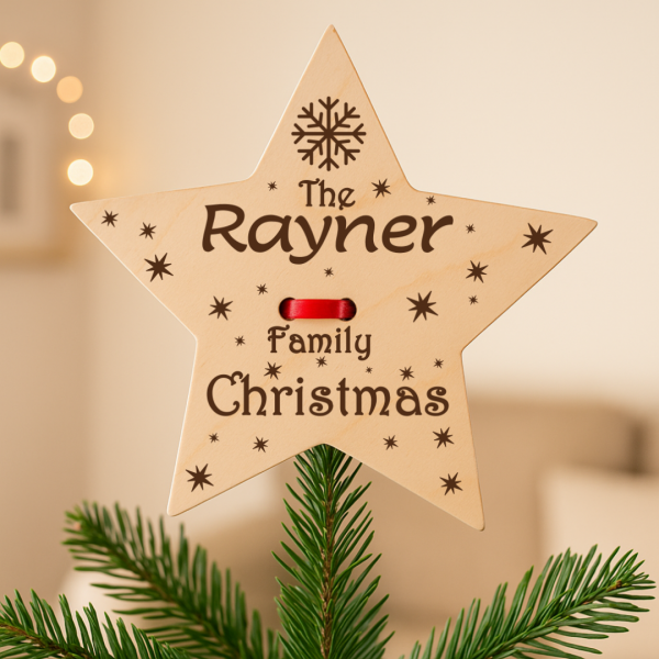 Personalised Christmas Tree Star Topper – Engraved Wooden Ornament – Family Name Holiday Decoration – Xmas Keepsake Gift - Image 9