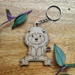 Personalised Lion Keyring: Engraved Wooden Animal Bag Tag