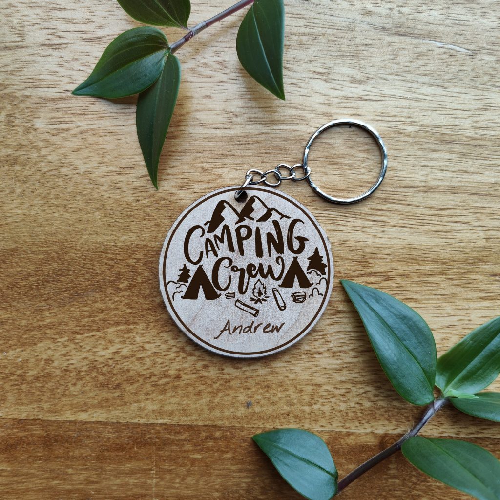 Personalised Camping Crew Wooden Keyring: Laser Engraved Gift