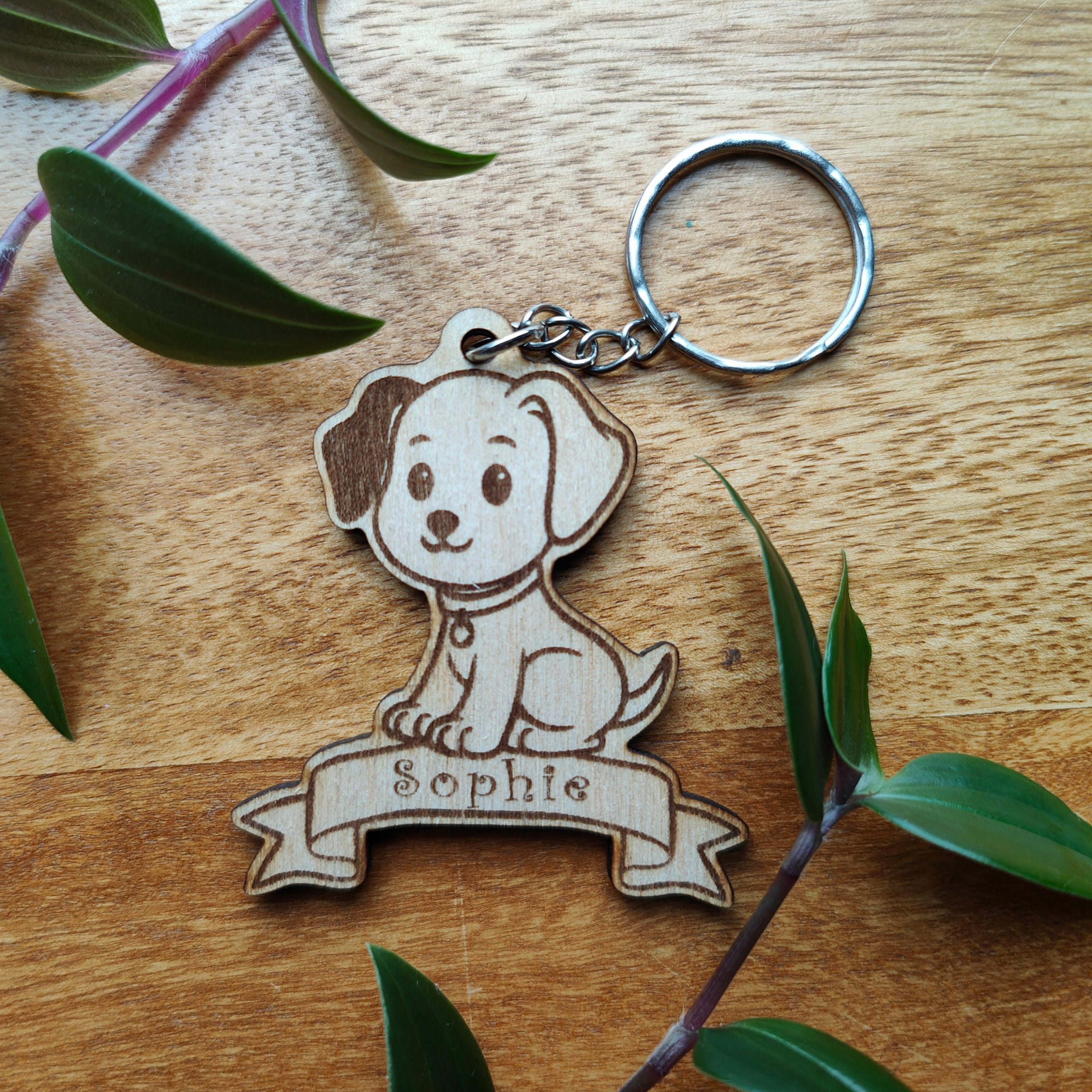 Personalised Puppy Dog Keychain: Laser Engraved Wooden Animal Tag - Image 2