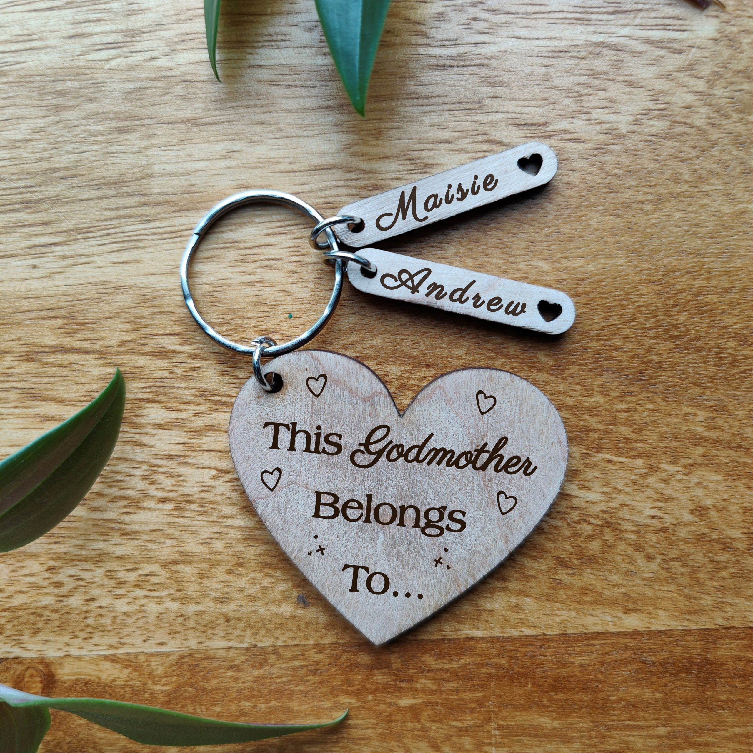 Personalised Godmother Gift: Engraved Wooden Heart Keyring with Kids Name - Image 2