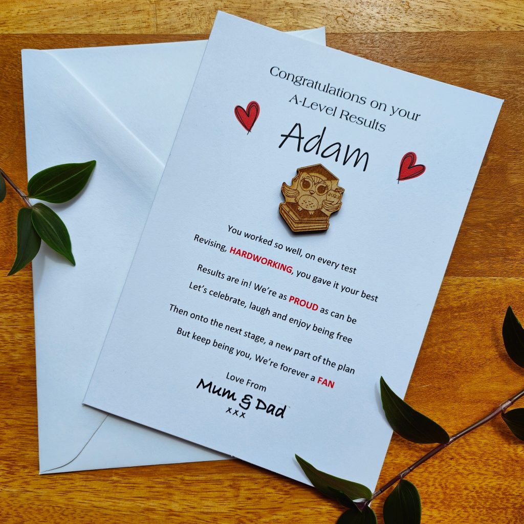 Personalised A level results card, with poem and keepsake. College leaver card