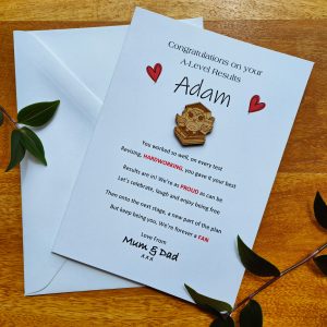 Personalised A level results card, with poem and keepsake. College leaver card