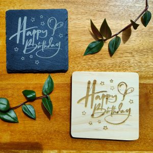 Laser Engraved Happy Birthday Coaster: Slate or Wood
