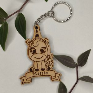 Personalised Wooden Unicorn Keyring: Engraved School Bag Tag