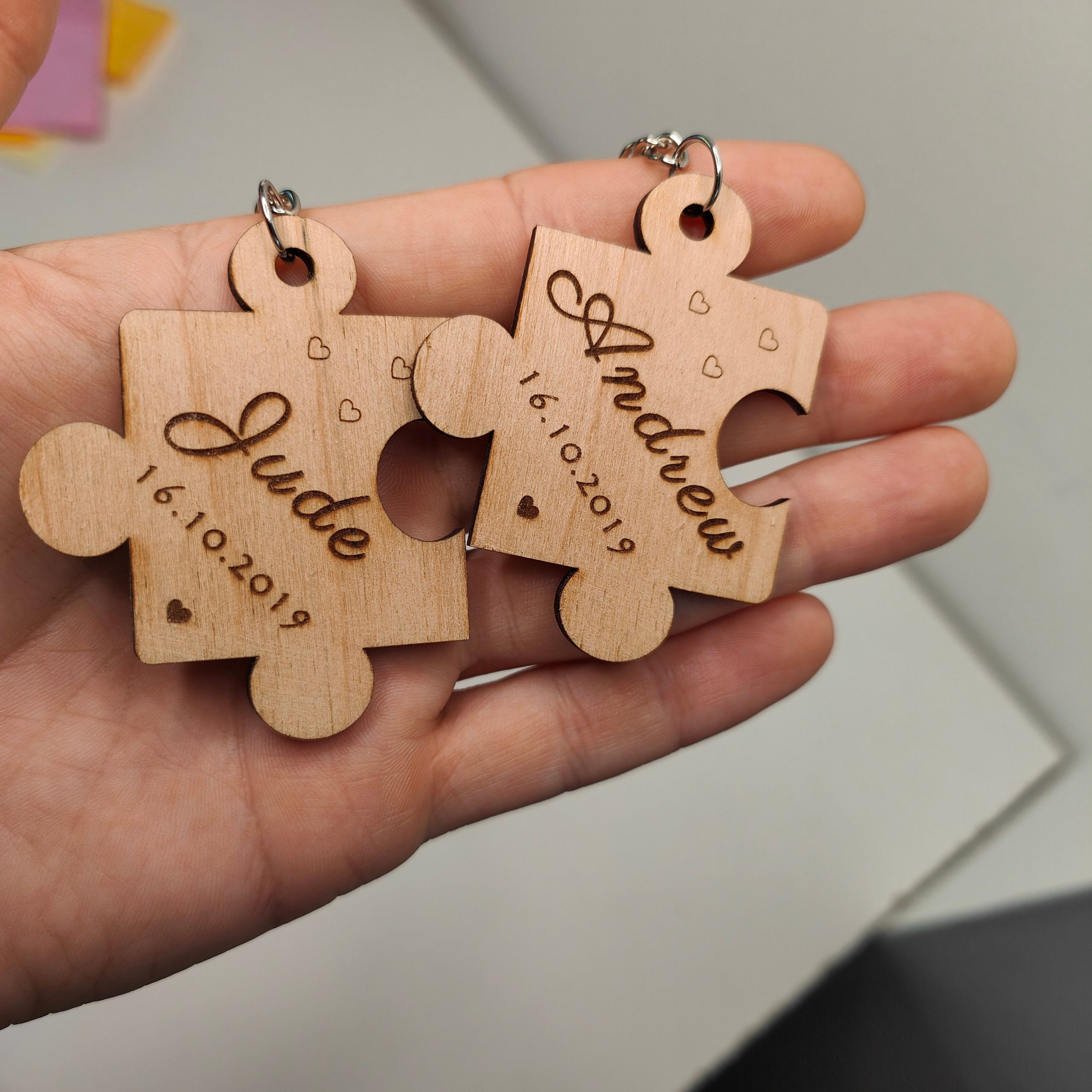 Personalised Anniversary Jigsaw Keyring Set: Laser Engraved Wooden Couple's Gift - Image 3