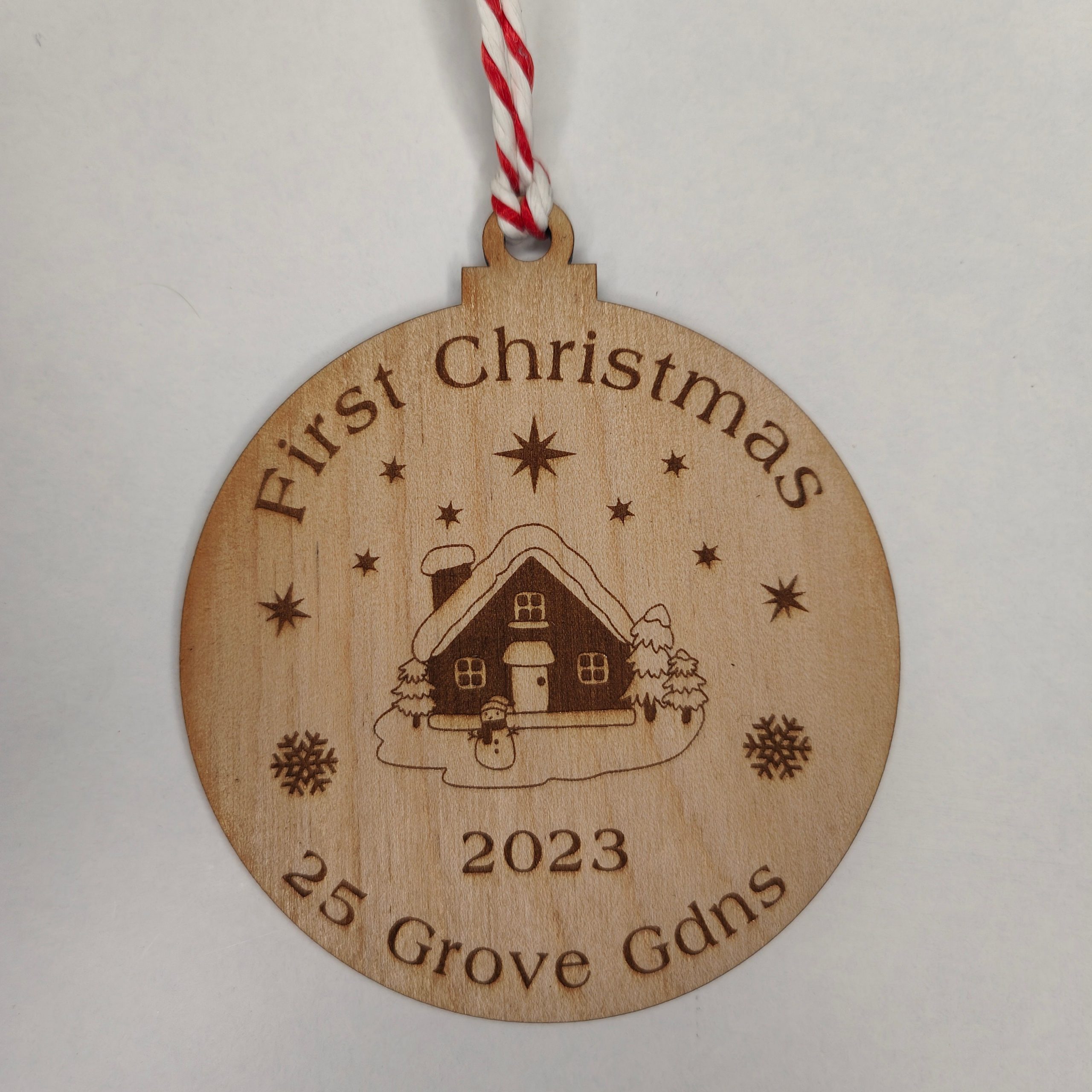Personalised First Christmas New Home Ornament: Engraved Wood Bauble - Image 2