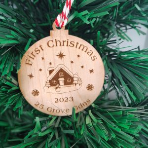 Personalised First Christmas New Home Ornament: Engraved Wood Bauble