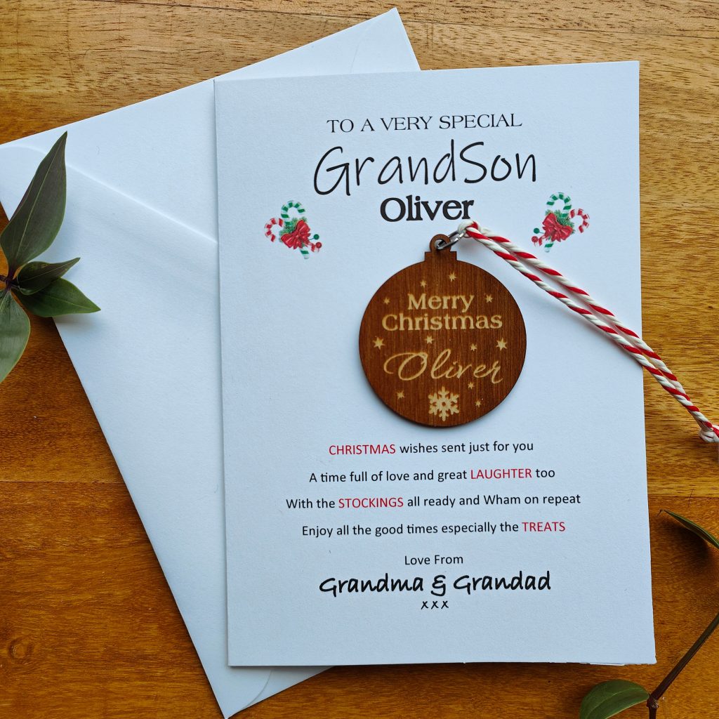 Personalised relations Christmas Card with Engraved Wooden Bauble – Custom Name Keepsake Gift