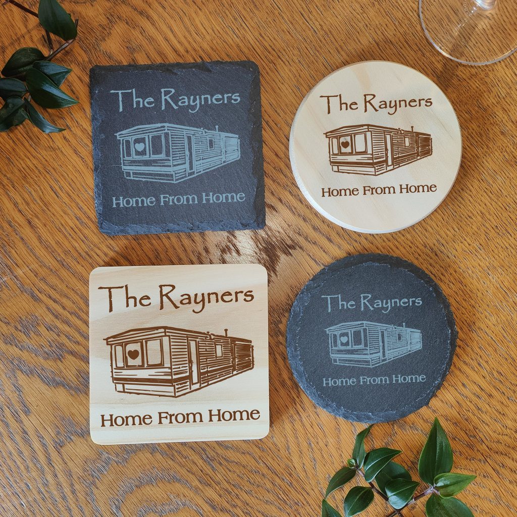 Personalised Static Caravan Coaster: Laser Engraved Wood or Slate Gift