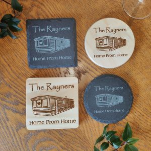 Personalised Static Caravan Coaster: Laser Engraved Wood or Slate Gift