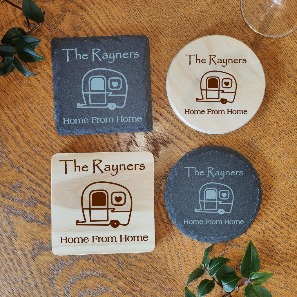 Personalised Caravan Coaster: Laser Engraved Wood or Slate Gift