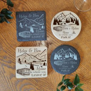 Personalised Static Caravan Coaster: Laser Engraved Wood or Slate