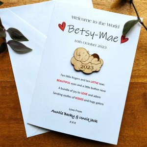 Personalised New Baby Card with Engraved Wooden Keepsake – Custom Name Birth Announcement Gift