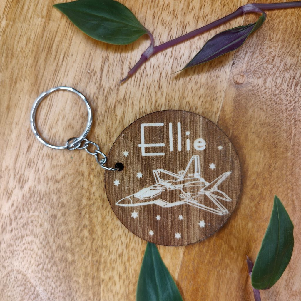 Personalised Jet Fighter Keyring: Engraved Wooden Book Bag Tag