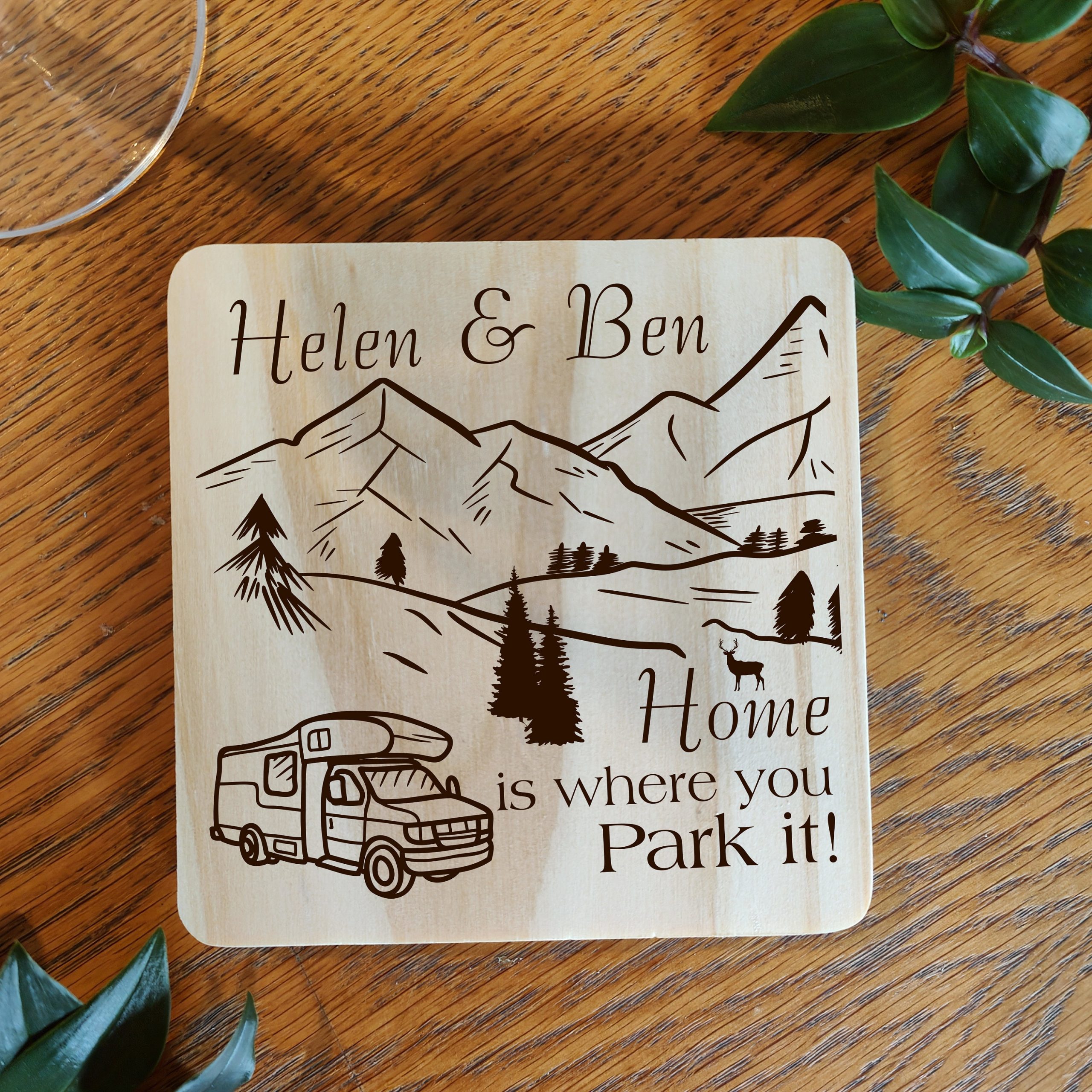 Personalised Motorhome Coaster: Laser Engraved Wood or Slate Gift - Image 2