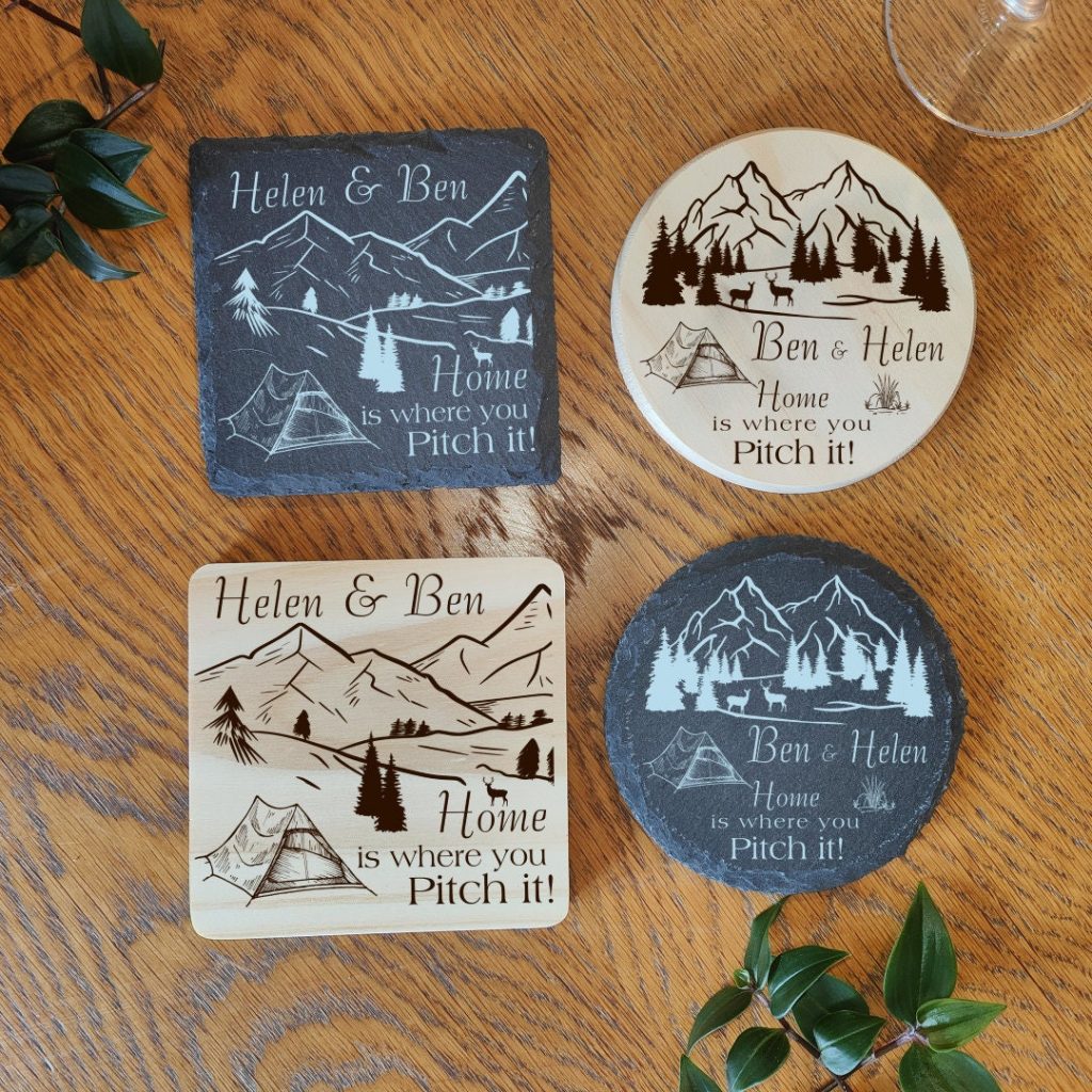 Personalised Camping Coaster: Laser Engraved Wood or Slate Tent Gift