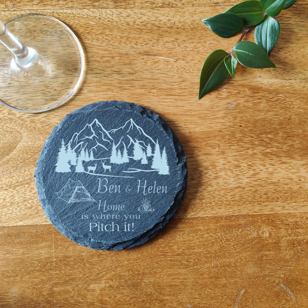 Personalised Camping Coaster: Laser Engraved Wood or Slate Tent Gift - Image 3