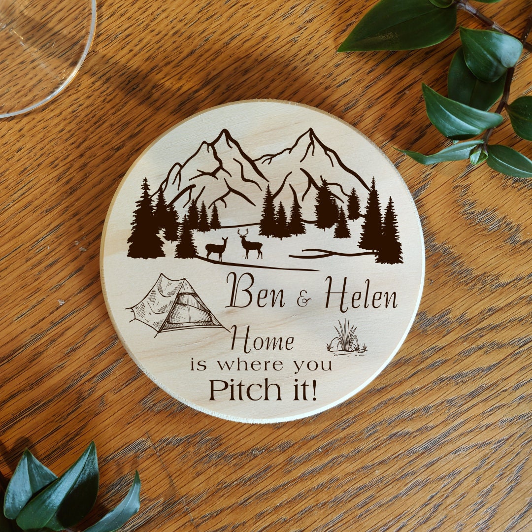 Personalised Camping Coaster: Laser Engraved Wood or Slate Tent Gift - Image 4