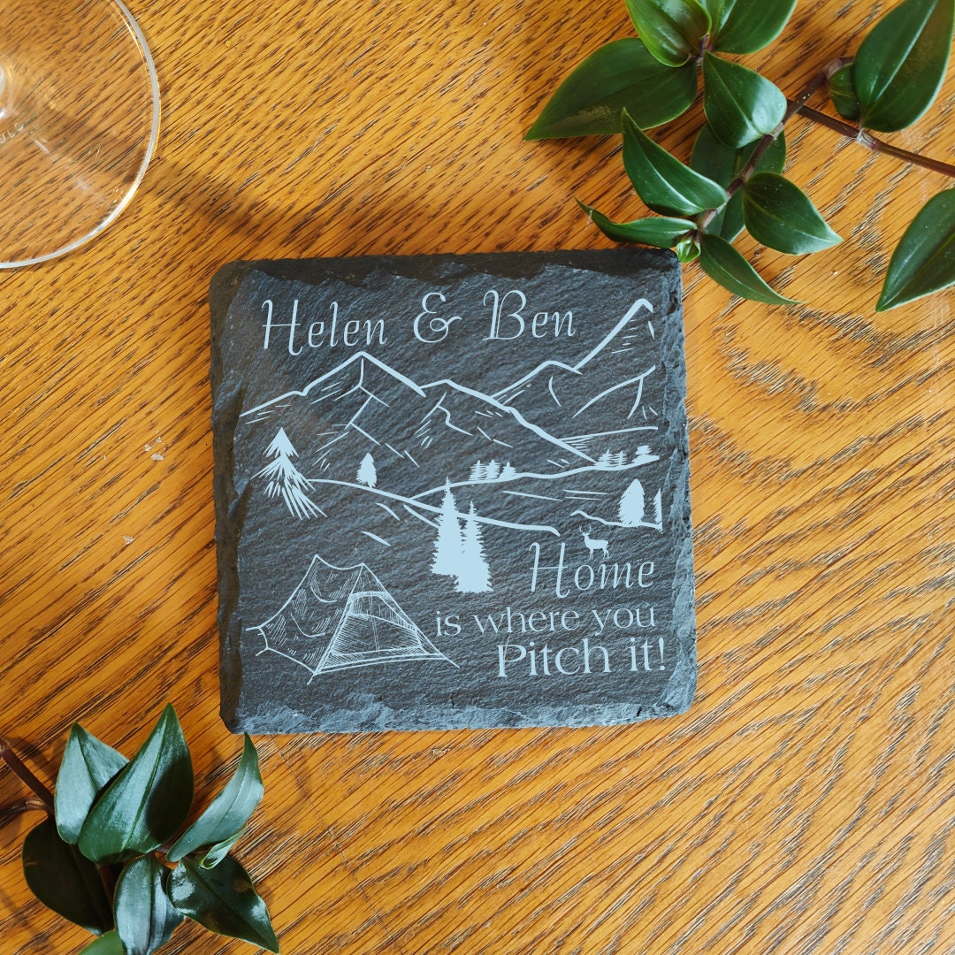 Personalised Camping Coaster: Laser Engraved Wood or Slate Tent Gift - Image 5