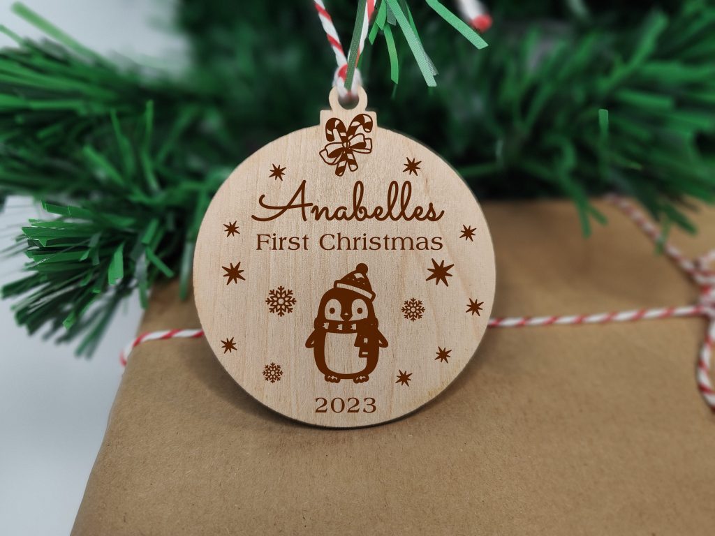 Personalised Babys first Christmas Decoration Penguin on Bauble