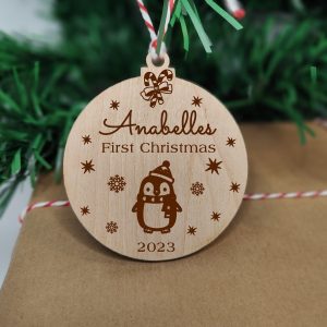 Personalised Babys first Christmas Decoration Penguin on Bauble
