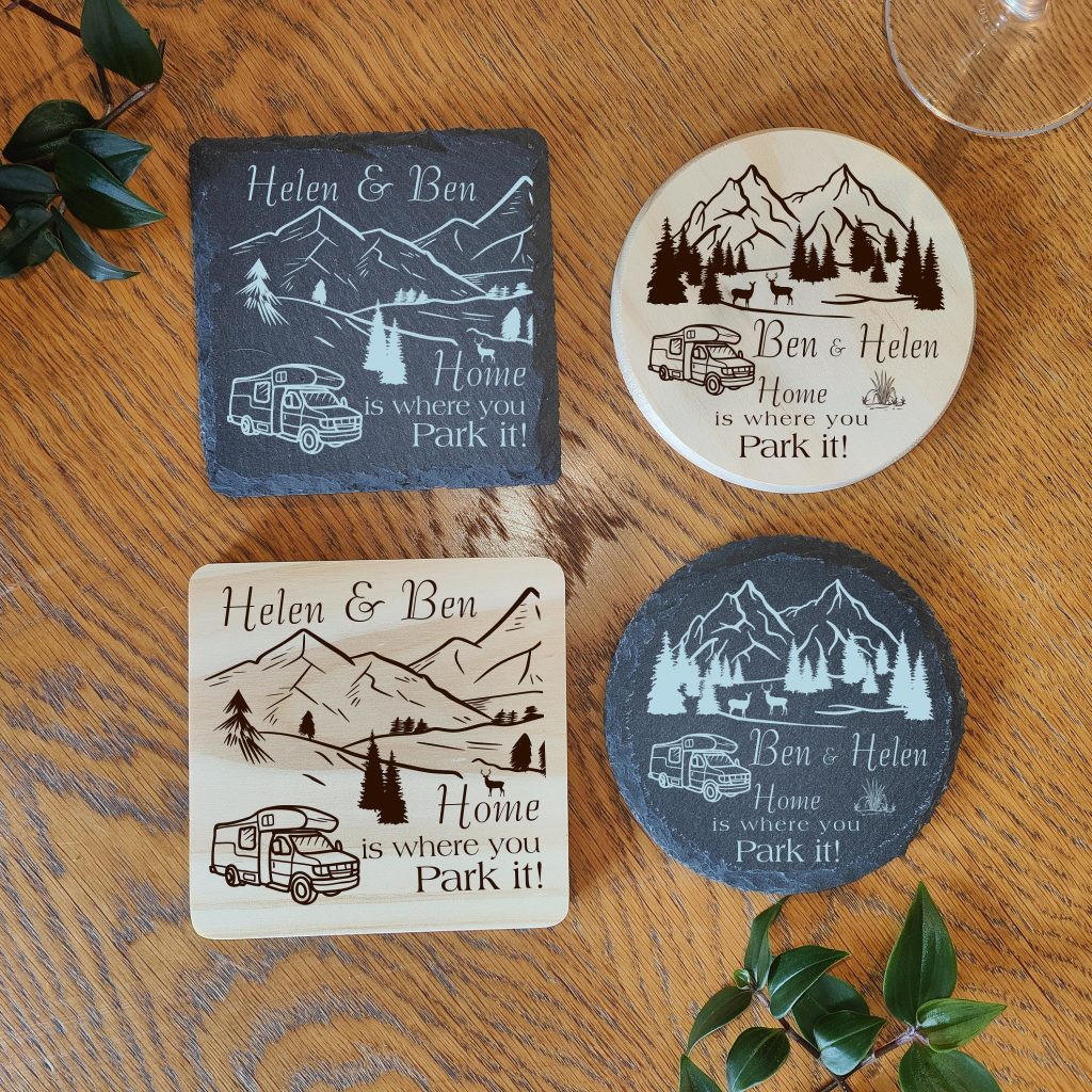 Personalised Motorhome Coaster: Laser Engraved Wood or Slate Gift