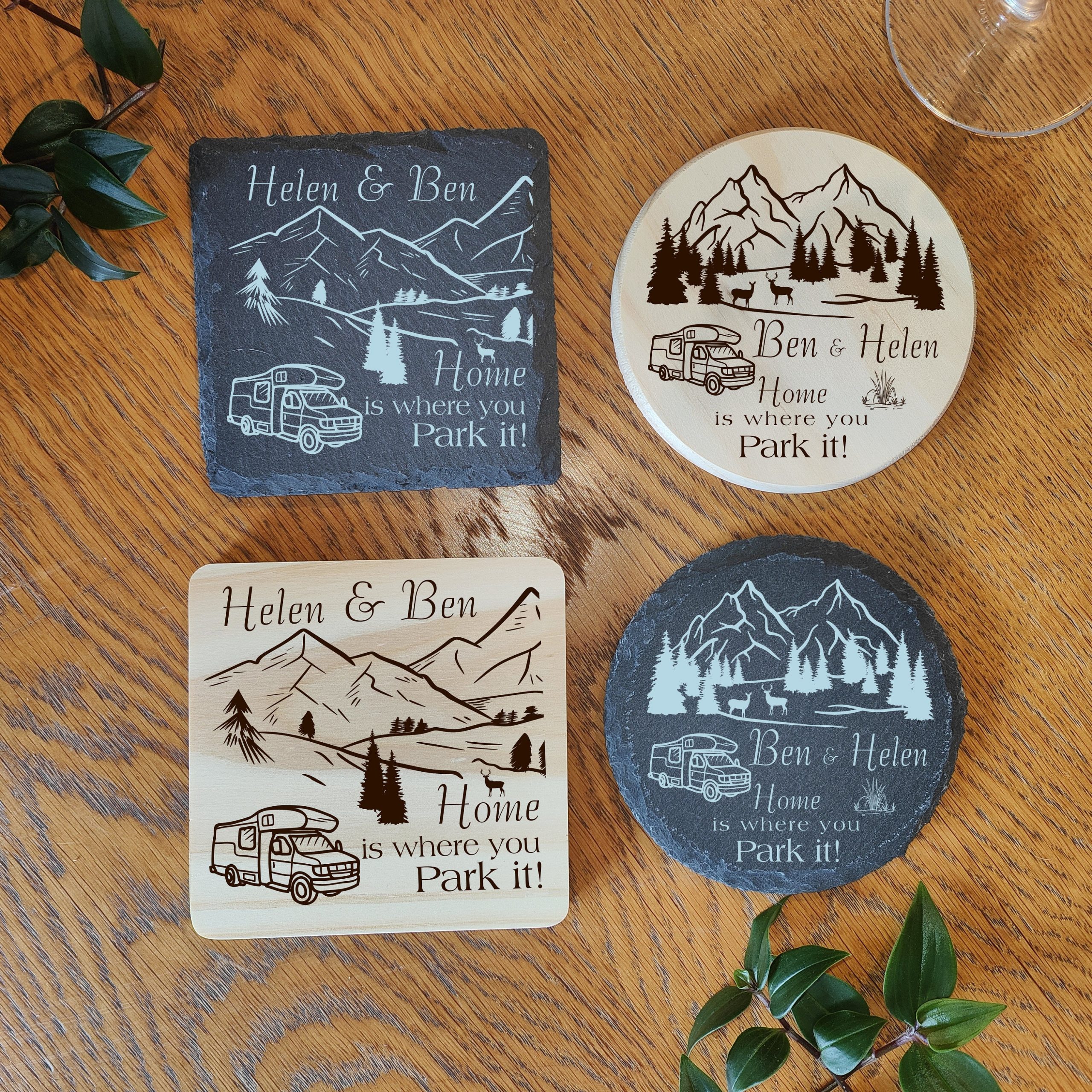 Personalised Motorhome Coaster: Laser Engraved Wood or Slate Gift