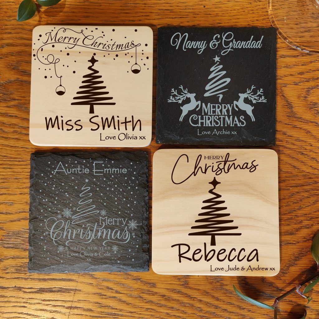 Personalised Christmas Coaster: Laser Engraved Wood or Slate Gift