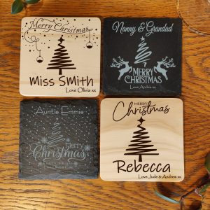 Personalised Christmas Coaster: Laser Engraved Wood or Slate Gift