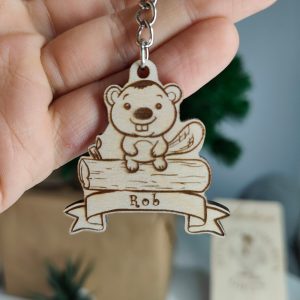 Personalised Beaver Keyring: Engraved Wooden Animal Tag
