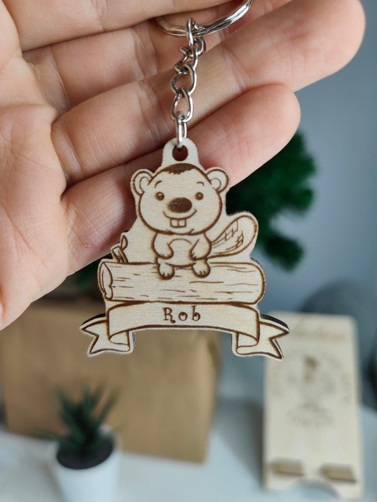 Personalised Beaver Keyring: Engraved Wooden Animal Tag