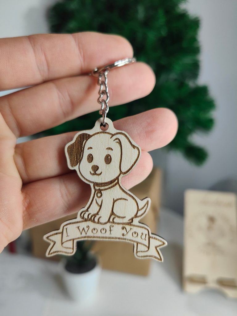 Personalised Puppy Dog Keychain: Laser Engraved Wooden Animal Tag