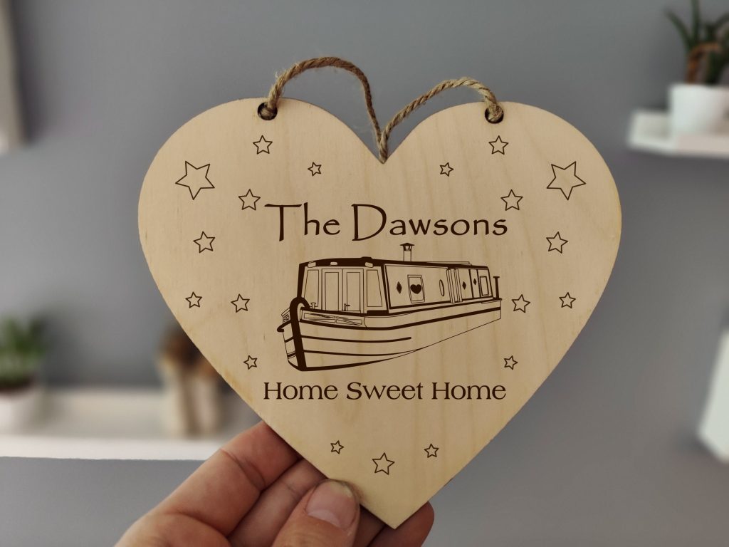 Personalised Canal Boat Wooden Heart Plaque: Narrowboat Home Decor