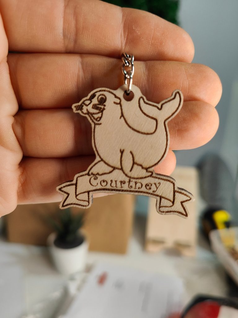 Personalised Seal Keyring: Laser Engraved Wooden Animal Bag Tag