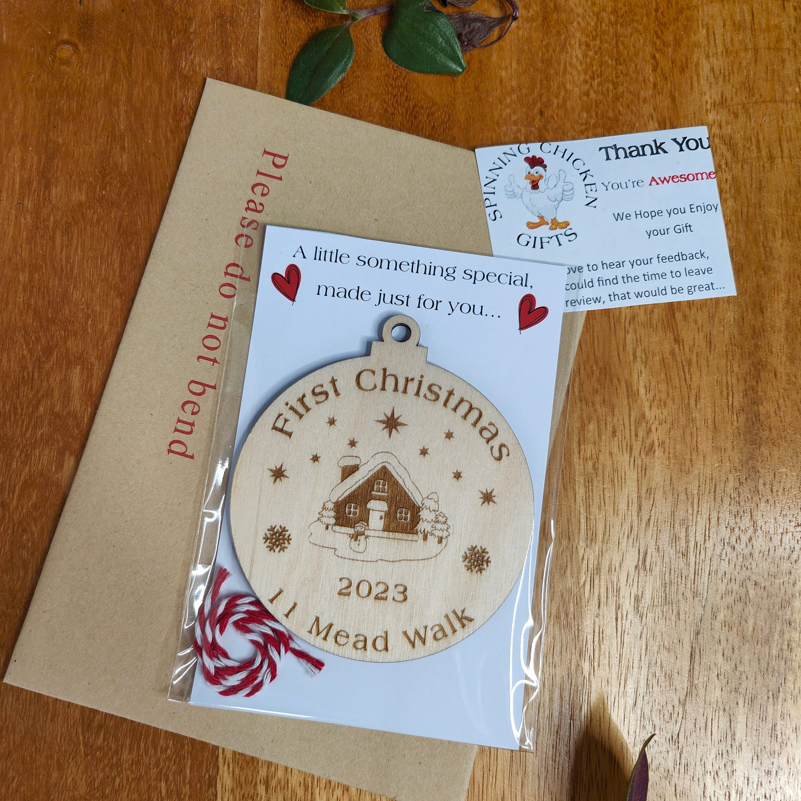 Personalised First Christmas New Home Ornament: Engraved Wood Bauble - Image 3