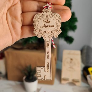 Personalised Santa's Key Christmas Ornament: Engraved Wooden Family Keepsake