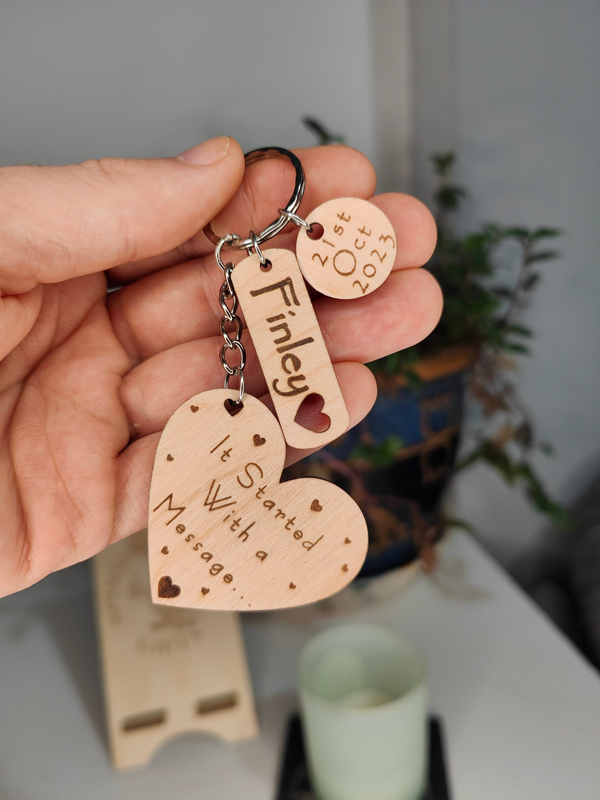 Personalised Wooden Anniversary Keyring: Engraved Name & Date