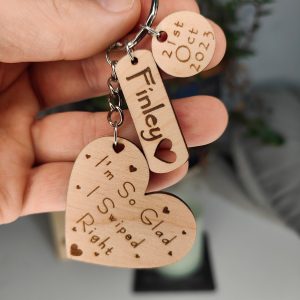 Personalised Wooden Heart Keyring Set, Online Dating Gift